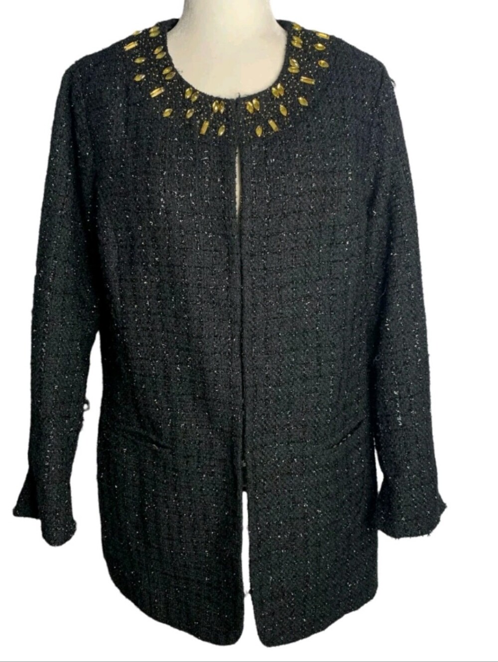 Chico's Black Bouclé Beaded Jacket with Metallic Accents Sz XL US 16 Size 3 - Picture 2 of 10